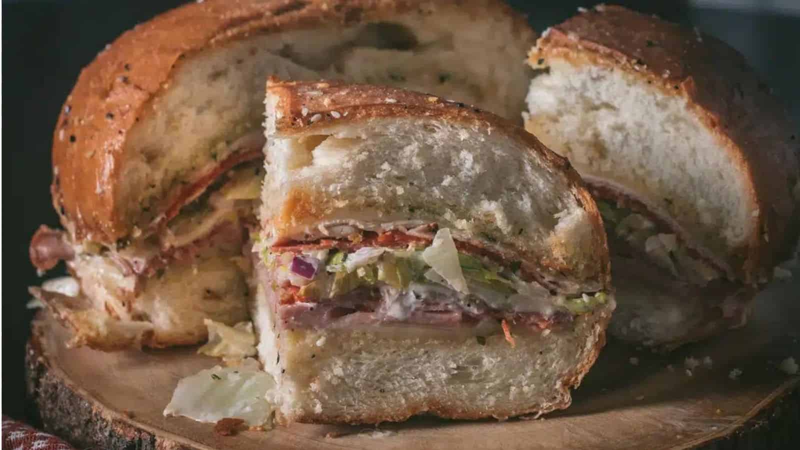 A large round sandwich filled with layers of meats, cheese, lettuce, and onions is cut into wedges and displayed on a wooden board.