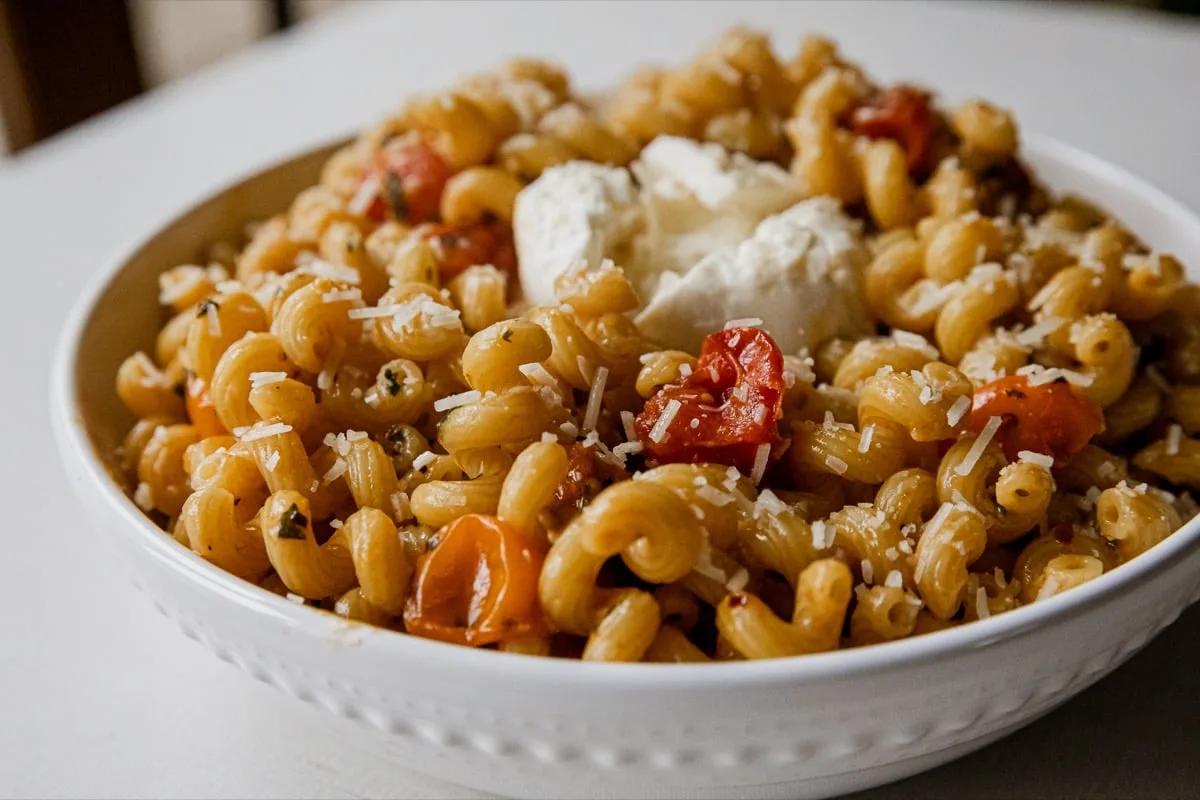 A white bowl filled with pasta spirals, cherry tomatoes, grated cheese, and a dollop of ricotta cheese on top.