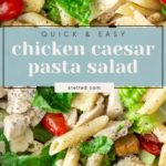 A bowl of chicken Caesar pasta salad with penne, lettuce, tomatoes, croutons, and chicken pieces, topped with black pepper.