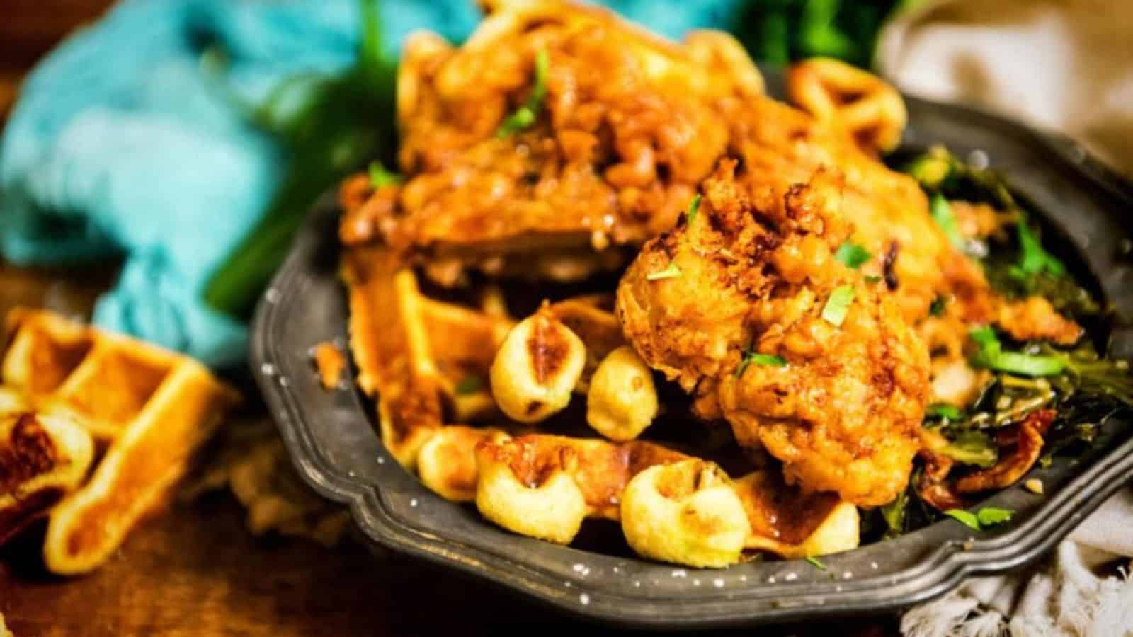 Plate of fried chicken served on top of waffles, garnished with chopped herbs, with collard greens on the side.