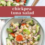 A bowl of chickpea tuna salad with cucumbers, cherry tomatoes, red onions, and herbs. A spoon rests in the bowl. Text overlay reads "chickpea tuna salad stetted.com".