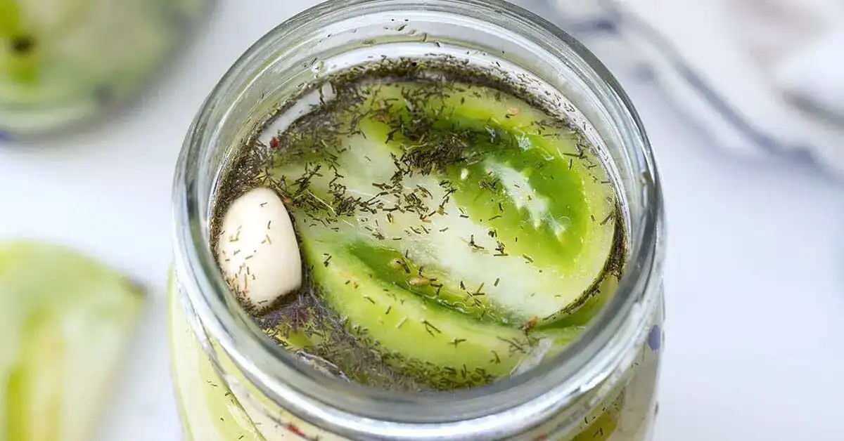 Sliced green tomatoes, dill, and a garlic clove are visible in a jar of pickling brine.