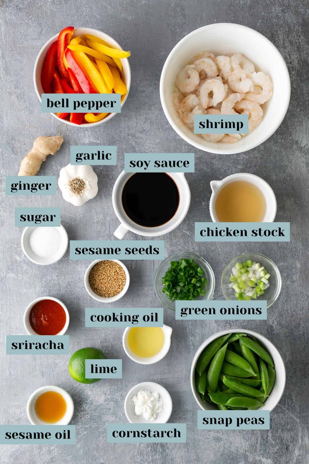 Various labeled ingredients for a shrimp stir-fry, including shrimp, bell pepper, snap peas, sauces, aromatics, seasonings, and garnishes arranged on a gray surface.