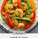 A bowl of shrimp stir fry with red and yellow bell peppers, snap peas, and chopped green onions served over rice. Text reads: "quick & easy shrimp stir fry.