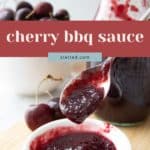 A spoon scoops cherry BBQ sauce from a small bowl, with fresh cherries and a jar of sauce in the background.