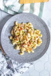 A plate of cavatappi pasta mixed with pieces of chicken, bacon bits, chopped green onions, and a creamy sauce is displayed on a grey plate.