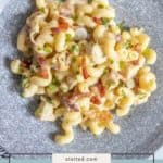 Plate of chicken bacon ranch pasta topped with chopped bacon and herbs, served on a gray speckled plate.