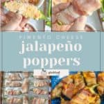 Step-by-step images showing jalapeño poppers being stuffed with pimento cheese, wrapped in bacon, placed on a baking tray, and served cooked on a blue plate.