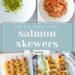 Four-panel image showing steps to make salmon skewers: mixing seasoning, marinating salmon, assembling skewers, and cooked skewers with lemon slices on a platter.