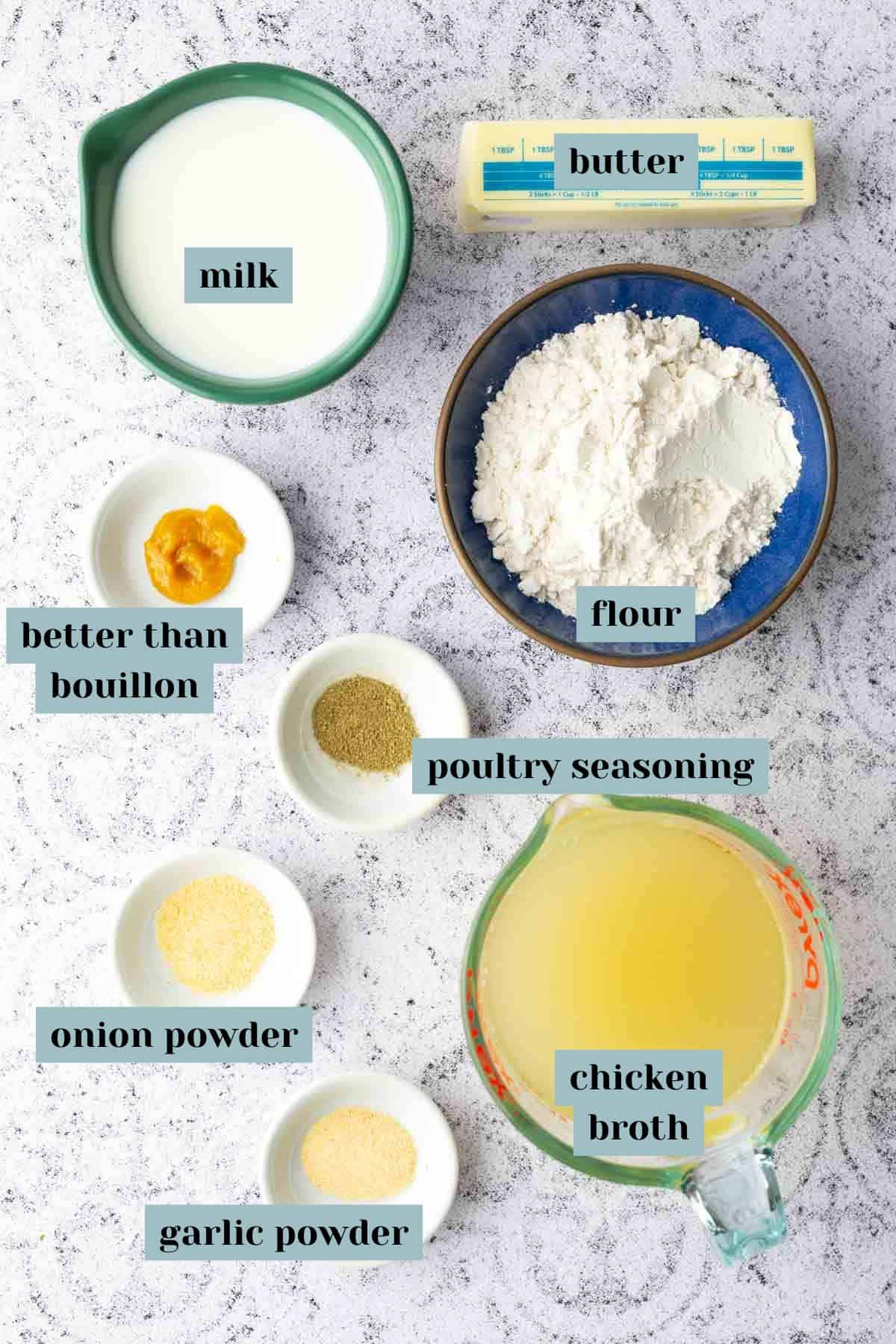 Top-down view of measured ingredients in bowls and cups: milk, butter, flour, chicken broth, Better Than Bouillon, poultry seasoning, onion powder, and garlic powder on a light surface.