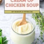 A jar of creamy chicken soup with a wooden spoon inside, surrounded by fresh herbs on a gray countertop.