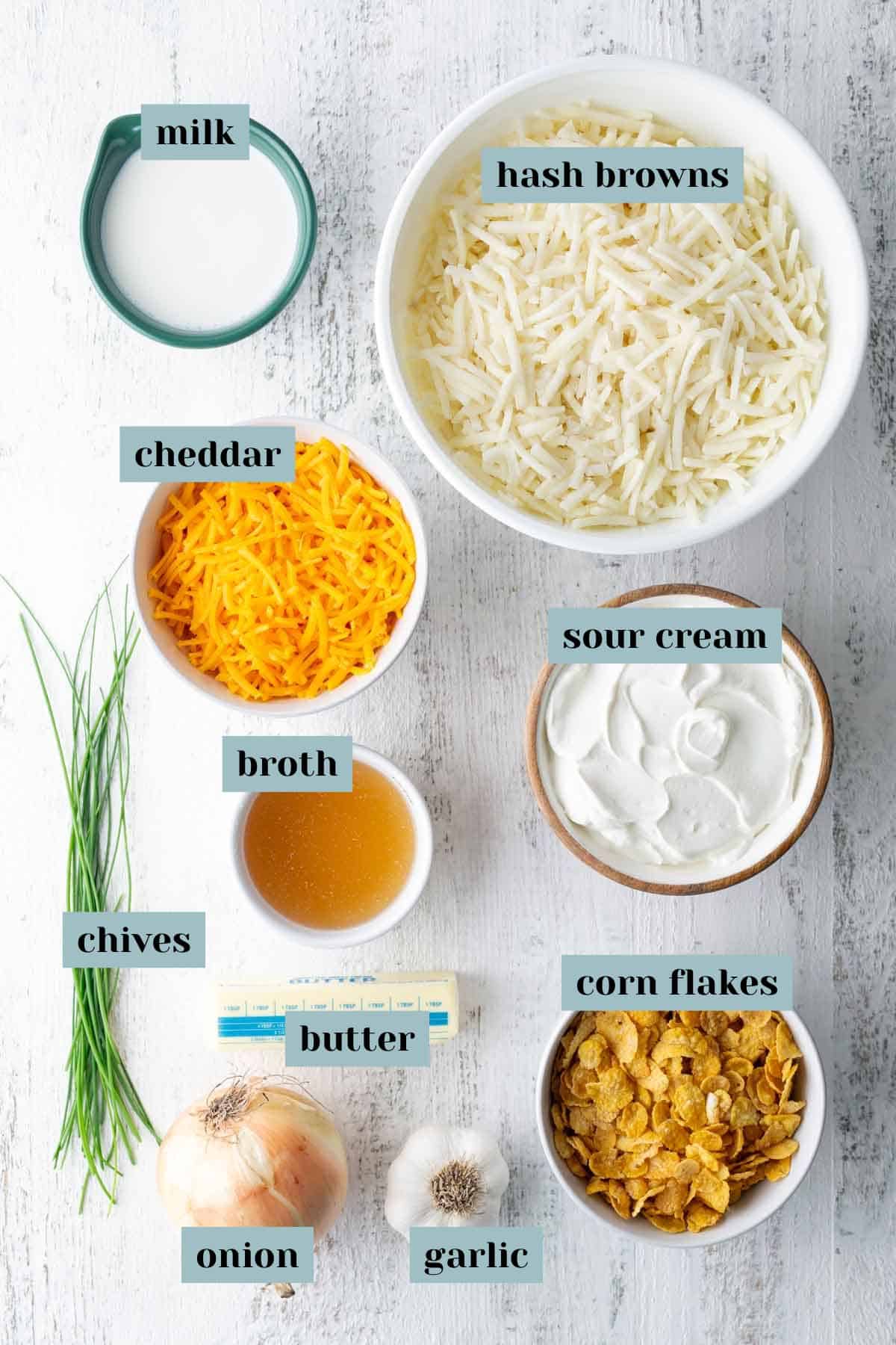 Ingredients for a casserole recipe arranged on a white surface, including milk, hash browns, cheddar, sour cream, broth, chives, corn flakes, butter, onion, and garlic, all labeled.