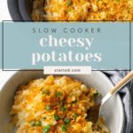 A bowl and slow cooker filled with cheesy potatoes topped with chopped green onions and crunchy crumbs, with a serving spoon in the slow cooker.