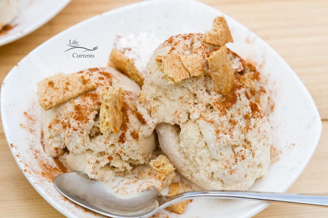 Two scoops of ice cream are served in a white bowl, topped with crushed graham crackers and a sprinkle of cinnamon, with a metal spoon beside them.