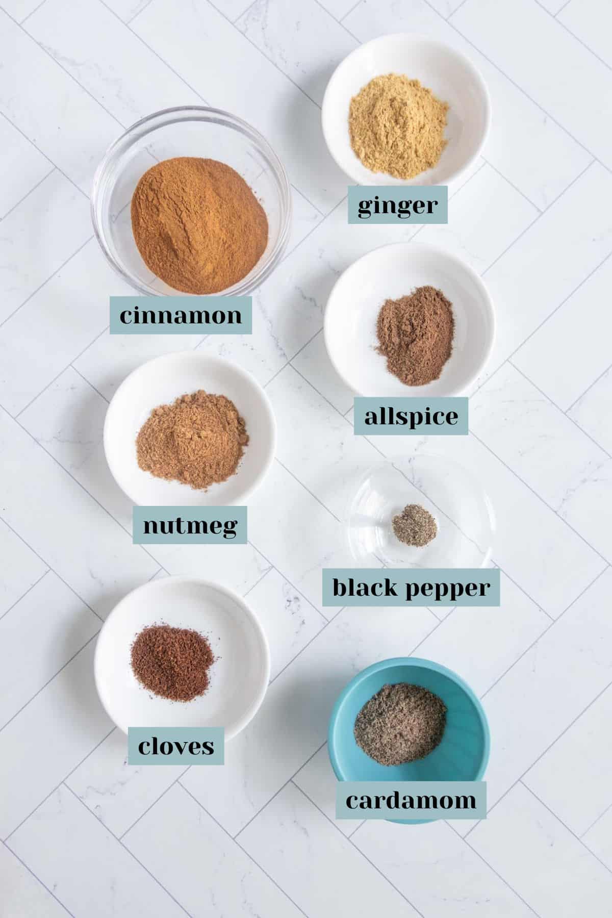 Seven bowls with labeled spices: cinnamon, ginger, allspice, nutmeg, black pepper, cloves, and cardamom, arranged on a white tiled surface.