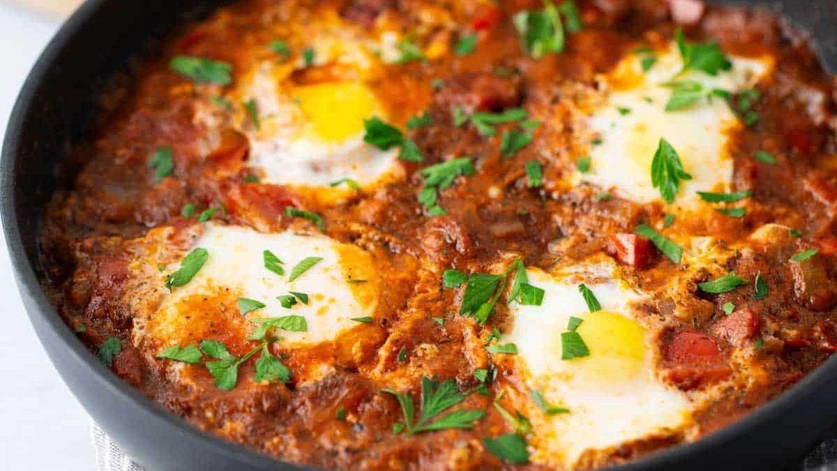 A skillet with shakshuka, a dish of poached eggs in a tomato and pepper sauce, garnished with parsley. Slices of bread and a bowl of sauce are in the background.