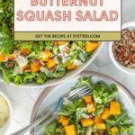 A plate of butternut squash salad with leafy greens, pecans, cheese shavings, and red onions, with two forks and a larger salad bowl in the background.