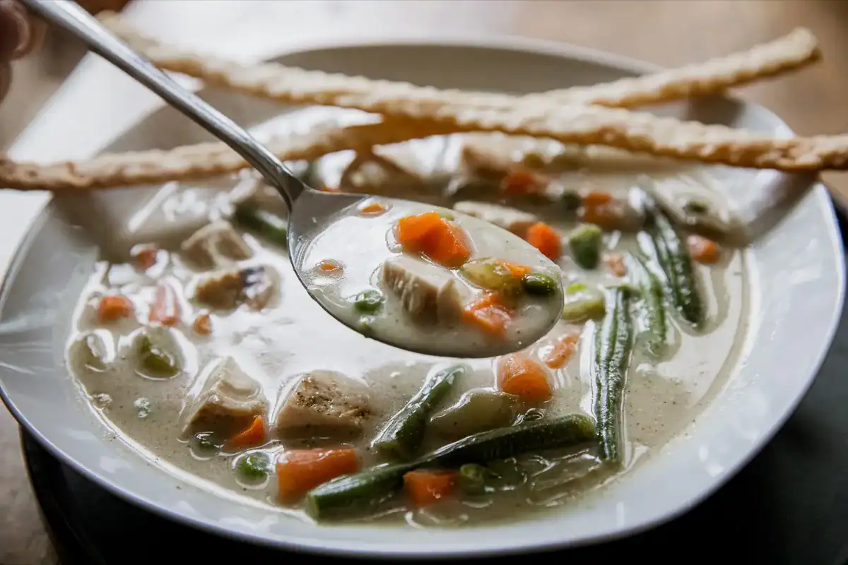A bowl of creamy soup with chunks of chicken, carrots, green beans, and peas, served with two long breadsticks across the rim.