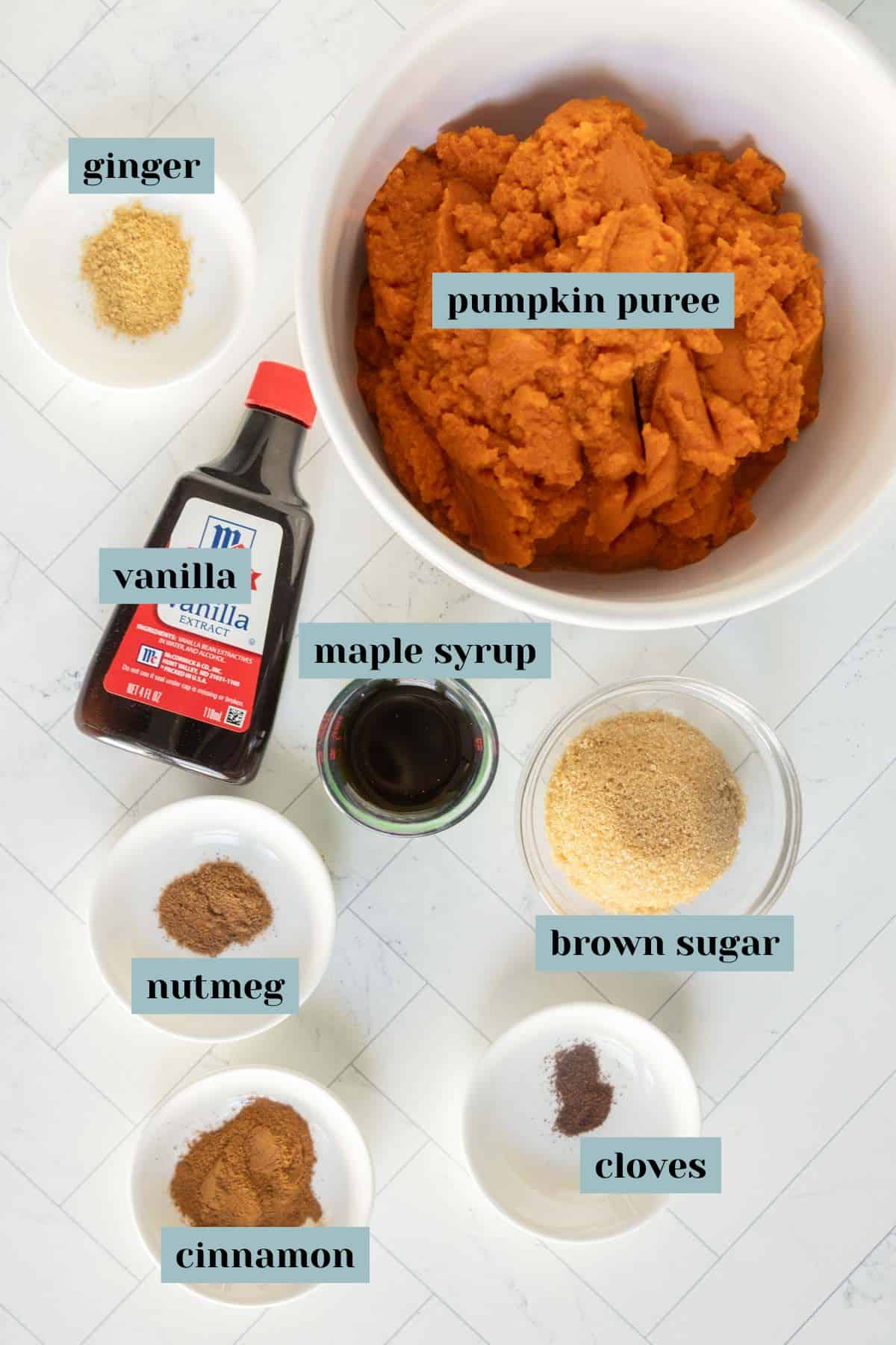 Bowl of pumpkin puree with labeled ingredients: ground ginger, vanilla, maple syrup, brown sugar, nutmeg, cinnamon, and cloves on a white surface.