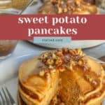 Stack of sweet potato pancakes topped with chopped pecans and syrup, with a fork and napkin beside the plate.