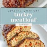 A glazed turkey meatloaf is shown whole on a plate, with another plate displaying several sliced pieces revealing chopped red peppers inside.