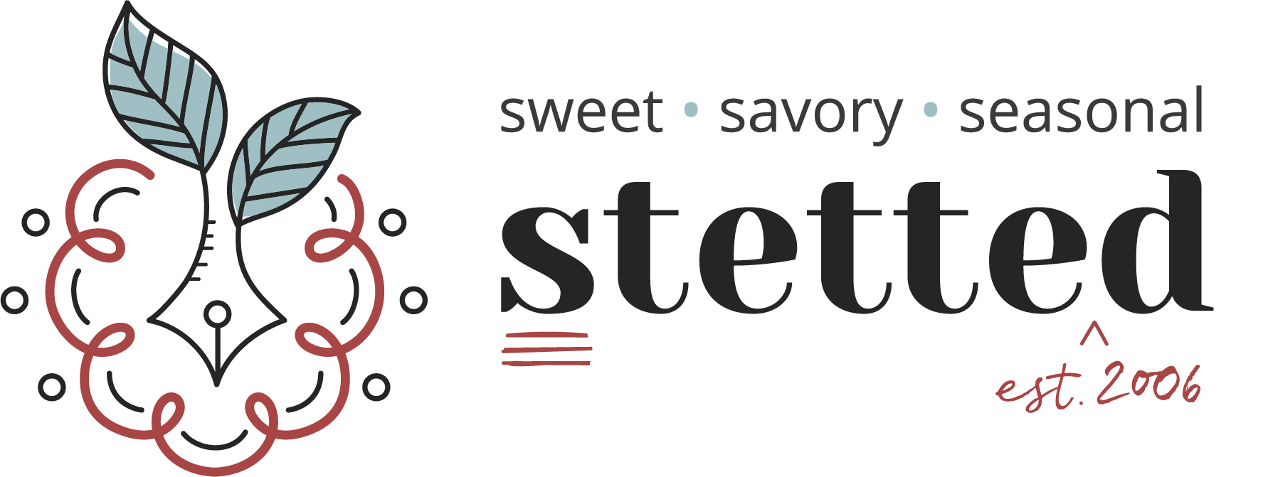 Logo with a stylized fountain pen and leaves, decorative swirls, and the text: "sweet • savory • seasonal stetted est. 2006".