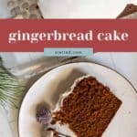 A slice of gingerbread cake with white icing and sugared cranberries on a plate, next to a fork; the rest of the cake is partially visible above.