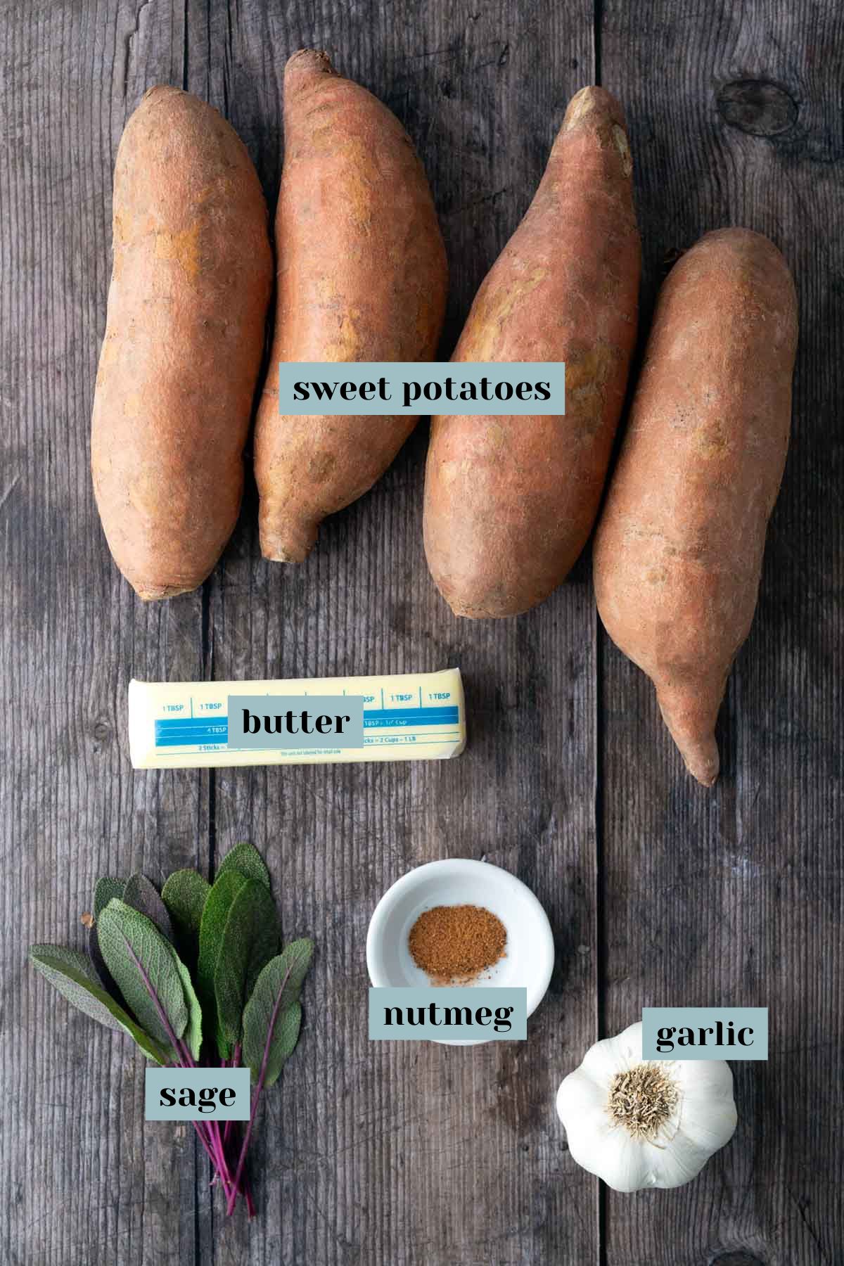 Four sweet potatoes, a stick of butter, fresh sage leaves, ground nutmeg, and a head of garlic are arranged on a wooden surface, each labeled.