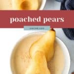 Two poached pears served in a bowl of creamy sauce, sprinkled with cinnamon, next to a dark striped cloth. Text overlay reads "poached pears" and "stetted.com".