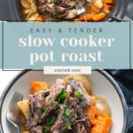 A slow cooker filled with cooked pot roast, carrots, and onions above a bowl of served pot roast with vegetables; text overlay reads "Easy & Tender Slow Cooker Pot Roast.