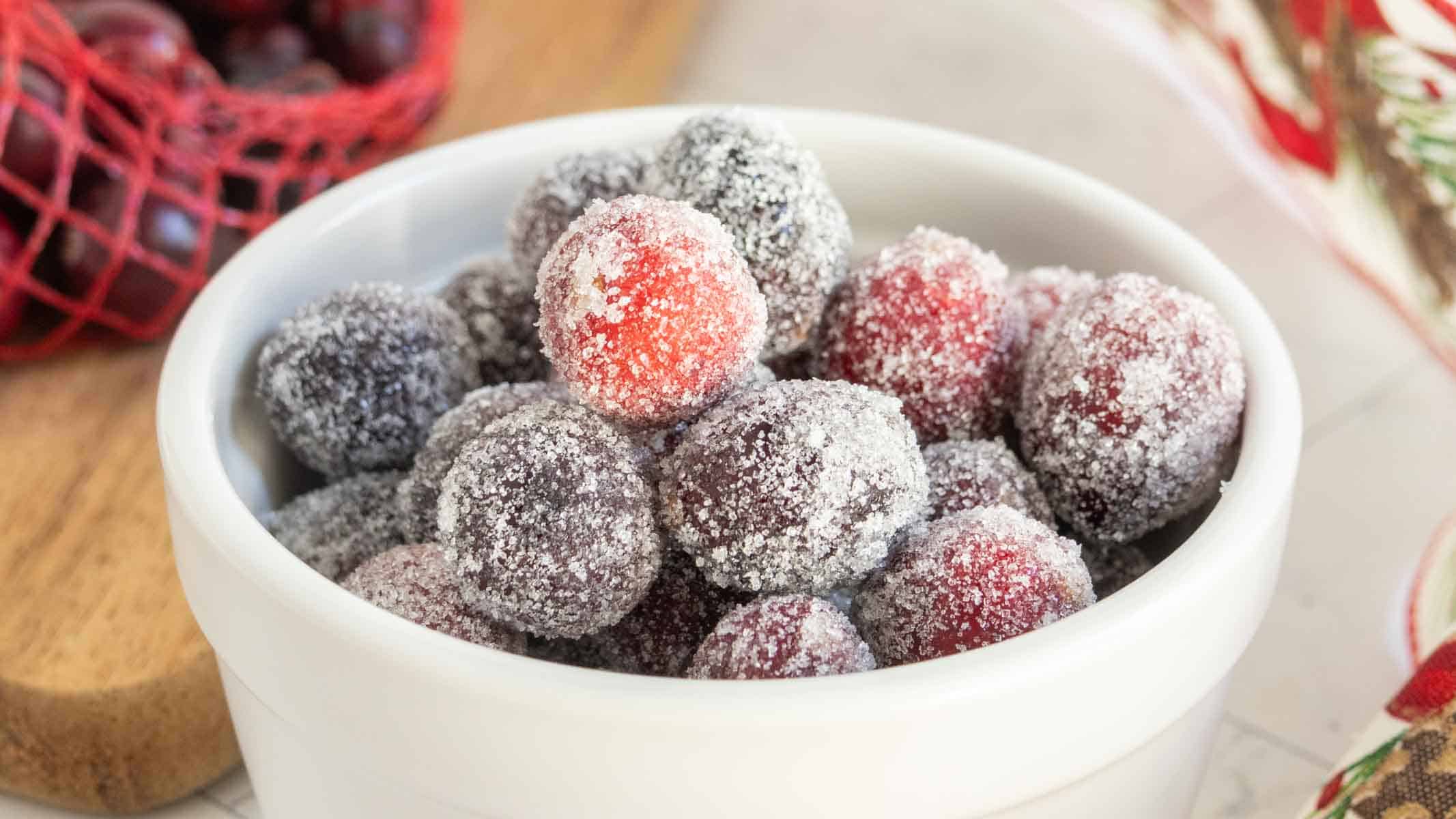 Fresh cranberries coated in sparkling sugar.