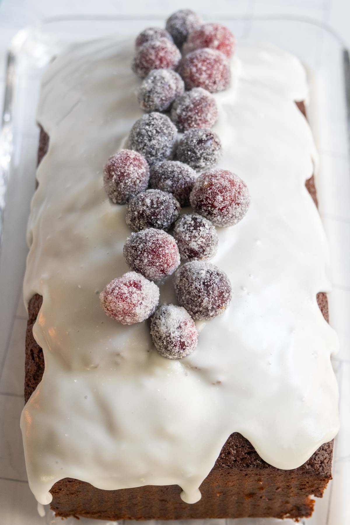 A rectangular loaf cake covered in white icing and topped with a row of sugared cranberries.