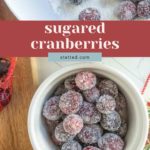 Sugared cranberries in a small white bowl, with additional frosted cranberries and powdered sugar visible in a larger bowl in the background.