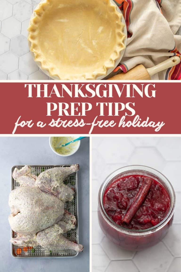 Collage showing a pie crust, text reading "Thanksgiving Prep Tips for a stress-free holiday," a seasoned raw turkey on a rack, and Thanksgiving Prep Tips beside a jar of cranberry sauce with cinnamon sticks.