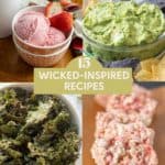 A collage of four dishes—strawberry ice cream, guacamole with chips, kale chips, and rice crispy treats—showcases a Munchkin Feast with the text "15 Wicked-Inspired Recipes" in the center.