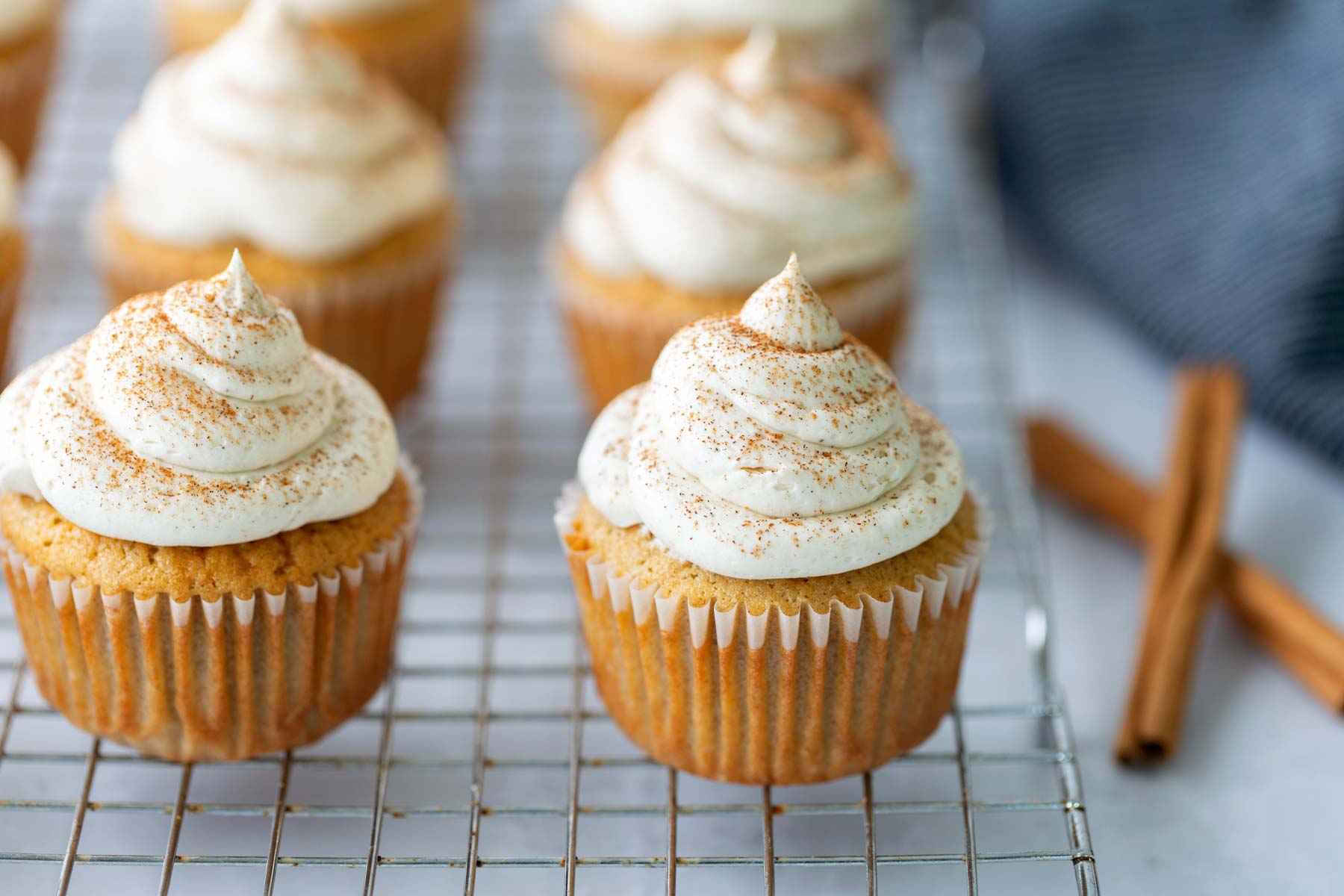 Vanilla cupcakes with swirled frosting and a sprinkle of cinnamon are arranged on a cooling rack, with cinnamon sticks in the background.