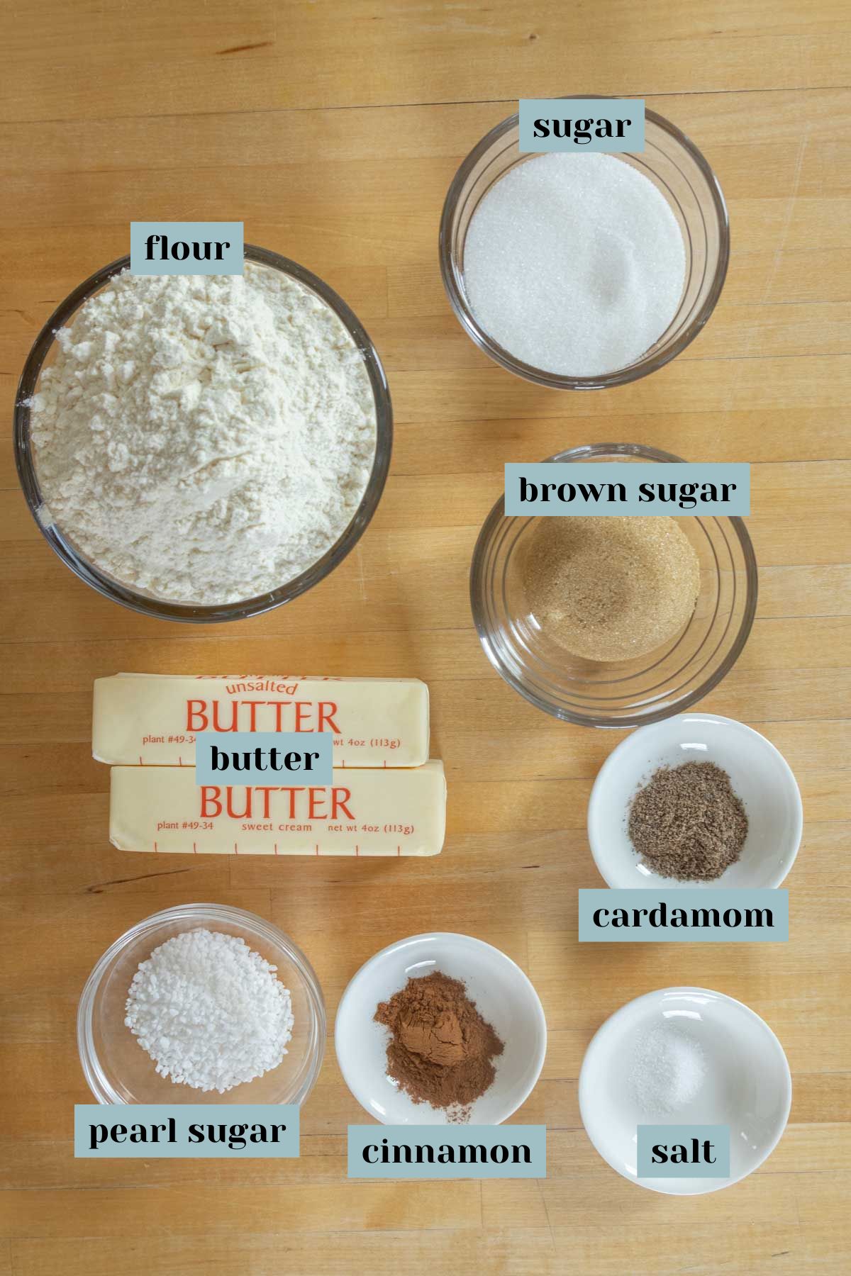 Overhead view of labeled baking ingredients in bowls and plates: flour, butter, sugar, brown sugar, cardamom, pearl sugar, cinnamon, and salt on a wooden surface.