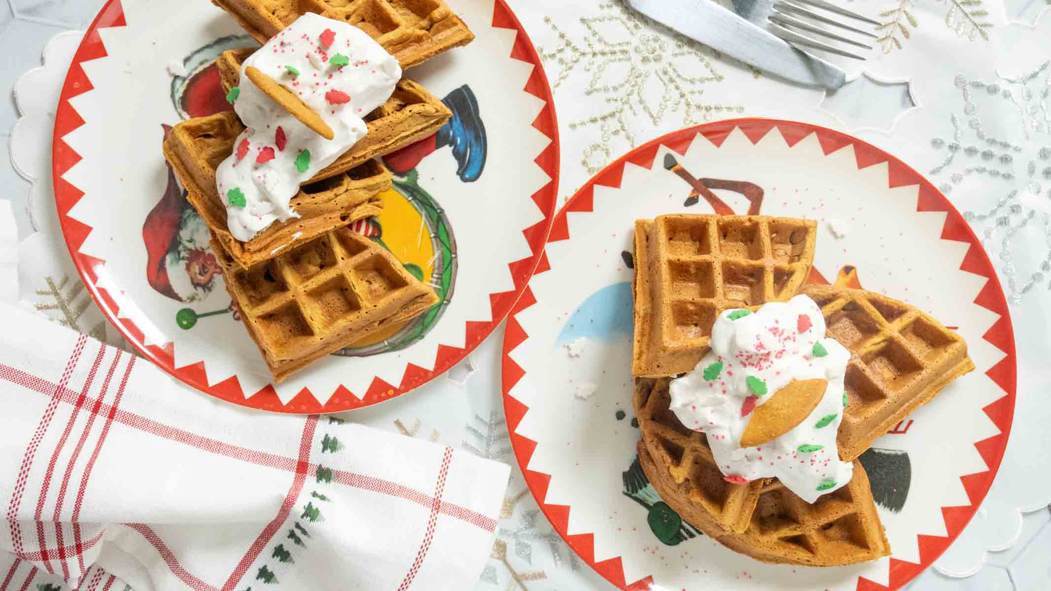 Gingerbread waffles with warm holiday spices.