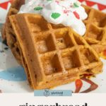 Two gingerbread waffles are topped with whipped cream, red and green sprinkles, and a gingerbread cookie piece, served on a patterned plate.