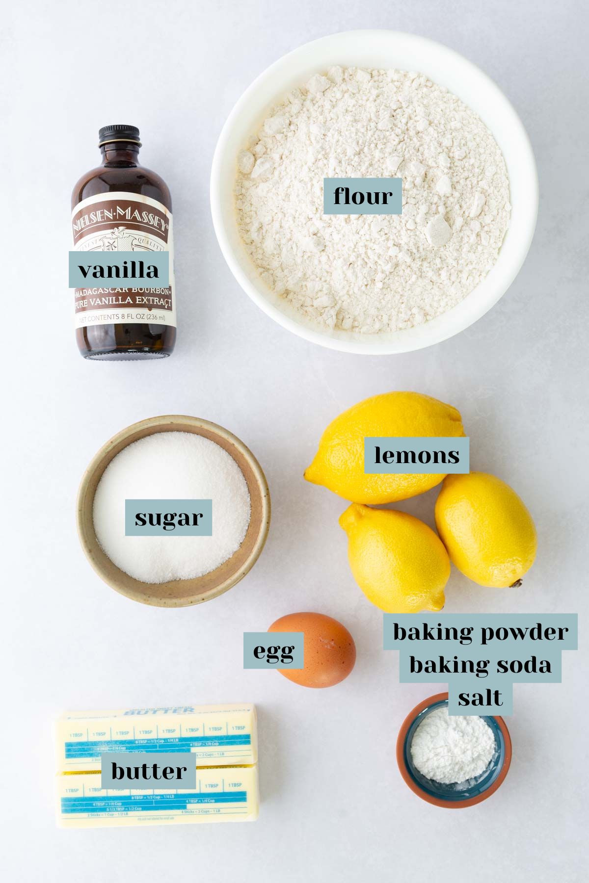 A group of ingredients for baking delicious Lemon Cookies.