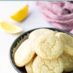 A bowl of lemon cookies is shown with two lemon wedges in the background. The text "lemon cookies" is at the top and "stetted.com" is at the bottom.