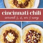 Three plates of Cincinnati chili over spaghetti, topped with shredded cheese, chopped onions, and kidney beans, labeled as served 3, 4, or 5 way.