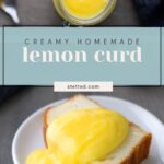 A slice of pound cake on a white plate topped with creamy yellow lemon curd, with a jar of lemon curd and a spoon nearby.
