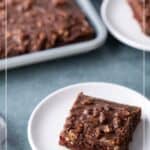 A square piece of Texas sheet cake with chocolate frosting and nuts on a white plate, with more cake and another plate in the background.