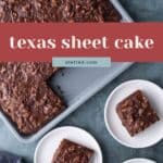 A chocolate Texas sheet cake on a baking tray with three slices served on white plates, a fork beside the tray, and a blue napkin on the table.