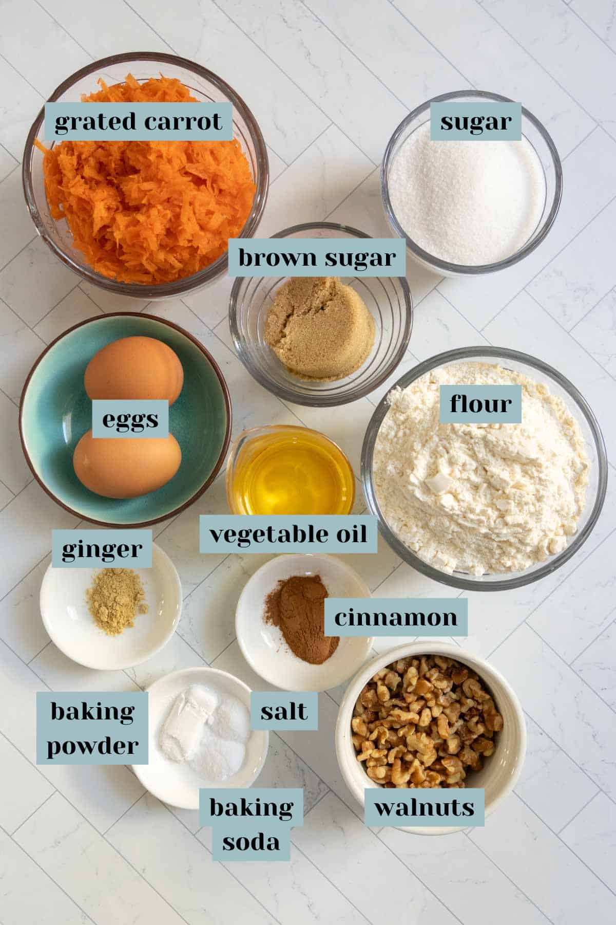 Top-down view of labeled ingredients for carrot cake, including grated carrot, sugar, brown sugar, eggs, flour, vegetable oil, ginger, cinnamon, baking powder, baking soda, salt, and walnuts.