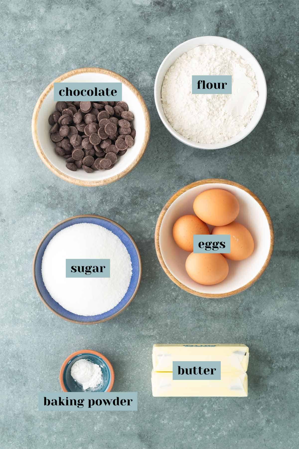 Top-down view of bowls containing chocolate chips, flour, sugar, eggs, baking powder, and two sticks of butter, each labeled with text.