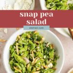 A bowl of snap pea salad with feta cheese and slivered almonds, next to a small dish of feta and another bowl of salad on a wooden surface. Text reads "snap pea salad.