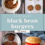 Four-step process of making homemade black bean burgers: mixing ingredients, shaping patties, pan-frying, and serving on a bun with lettuce, tomato, and onion.