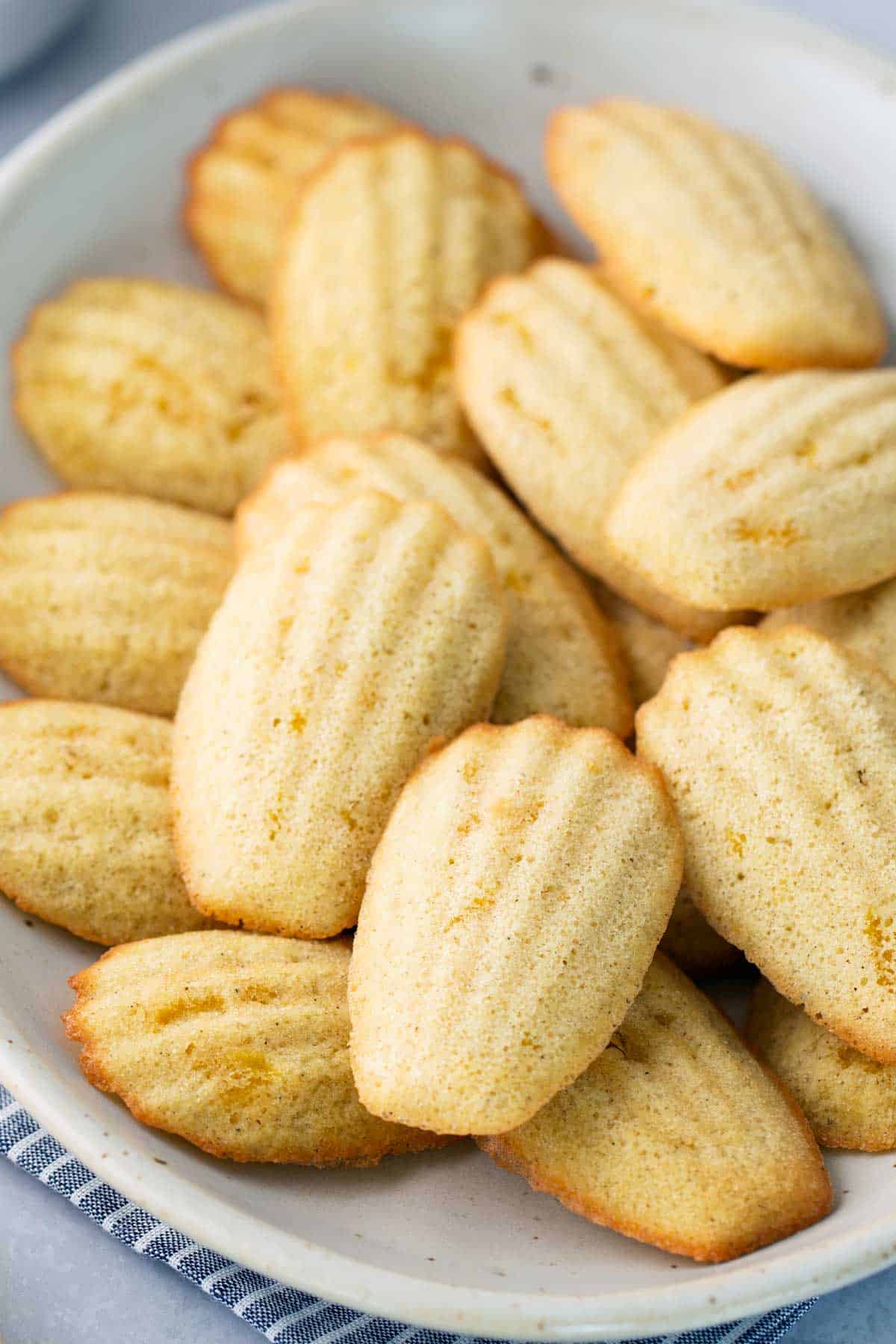 A plate of golden-brown madeleine cookies with their signature shell-like shape, arranged in a slightly overlapping pattern.